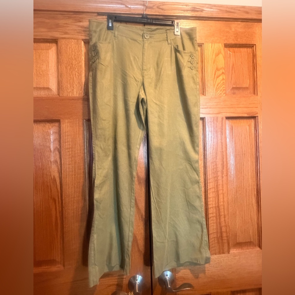 CAbi olive Green Linen Wide Leg Trousers